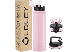 OLDLEY Borraccia Acciaio Inossidabile con Cannuccia 1L Isolamento Sottovuoto Grande Borraccia Metallo Bottiglie d'Acqua Tenuta Stagna Mantiene Le Bevande Calde Fredde per Campeggio Palestra con 3 Coperchi