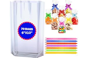 MAARA Cellophane Bags, Pack of 70 (6 x 10 Inches) Clear Cellophane Sweet Bags, Food Safe Cookie Bags Cellophane with Pull Bows, Clear Plastic Gift Bags For Sweets, Flat Bottom Clear Party Treat Bags