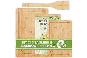FAH FAMILY AT HOME FAH - Set 3 Taglieri in Bamboo da Cucina Professionali con Mestolo da Cucina - Legno Naturale Antibatterico Ideale per Tagliare Carne, Formaggi, Pane, Aperitivo