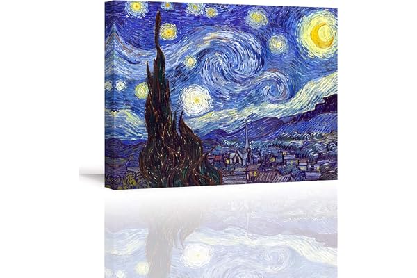 Piy Painting Reproduction de Starry Night by Van Gogh Impression sur Toile, Tableau de Paysage, Photo sur Toile pour Déco d'art Murale en Salle de Bain Cadeau de Nouvel an, 40x30cm