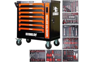 Servante d'atelier BM TOOLS 9/7 MONSTER-EDITION-ORANGE 7 tiroirs pleins, 1 porte & 1 tiroir vertical - 257 outils, Sur roulettes