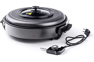 HENDI Sartén eléctrica multiusos, paellera cazuela olla plancha, de fiestas, revestimiento antiadherente, termostato, con tapa, interior: ø40cm profundidad: 5cm, 230V, 1400W, ø500x(H)190mm, aluminio