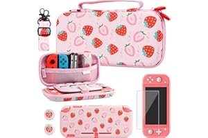 RHOTALL Tragetasche für Nintendo Switch Lite, niedliche Schutzhülle für Switch Lite mit TPU-Schutzhülle, verstellbarem Schultergurt, Displayschutzfolie und 2 Daumenkappen, Erdbeere
