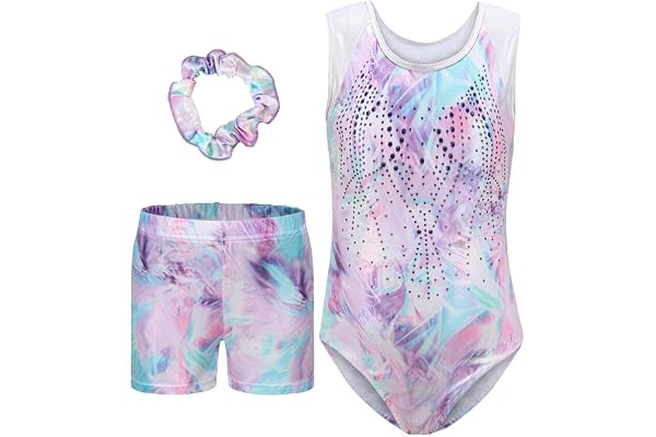 SEAUR Justaucorps de Gymnastique Fille Tenues de Gymnastique Body avec Short Bandeau Leotard de Ballet Danse Patinage pour Enfant 5-12 Ans