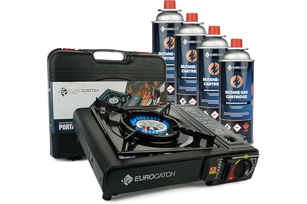 Eurocatch Réchaud à gaz - incl. 4 cartouches de gaz - Réchaud de camping - Brûleur à gaz - Cuisinière à gaz - Plaque de cuisson - Cuisinière - Mallette de transport - gris foncé.