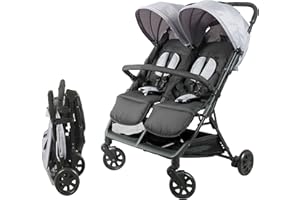 Bambisol Poussette Double Côte à Côte | Idéale pour Jumeaux dès Naissance avec Pliage Ultra-Compact | Coloris Noir et Gris