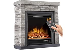 ‎KESSER KESSER® Elektrokamin Standkamin - Kamin elektrisch mit LED 3D-Flammeneffekt, Heizung Heizfunktion, Elektro 1800W Leistung, Timer, Thermostat, Fernbedienung, dimmbar, Steinoptik/Grau