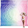 Sunlit Silky Soft Beach Blanket, Sandproof Mat with Corner Pockets, 305 x 274 cm, Mesh Pocket, Beach Party, Travel, Camping and Outdoor Music Festival, Blue and Pink Circle Mandala