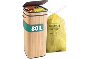 HOMELYN Gelber Sack Ständer I 80L, aus Bambus I Stabiler Müllsackständer mit Deckel I Extra für gelbe Säcke I Gelber Sack Mülleimer I Behälter gelbe Säcke für Küche & Haushalt