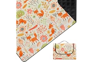 Outplea Waterproof Animal Picnic Blanket 200 * 200cm, Large Foldable Picnic Mat Machine Washable, Portable Sandproof Beach Blanket with Handle, Outdoor Mat for Grass Picnic Camping Travel, Foxes