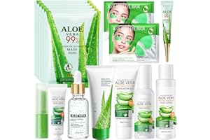 YCAAEO 15 Pièces Aloe Vera Ensemble de Soins de la Peau, Coffret de Soins du Visage à l'Aloe Vera, avec Nettoyant, Sérum, Toner, Crème pour les Mains, Masque, Baume à Lèvres, Patchs pour les Yeux
