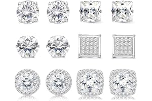 Finrezio 6 Paia Halo Orecchini con Cubic Zirconia Taglio Rotondo Quadrato Brillante Orecchini Placcato Oro Bianco