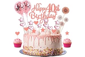 DOMGOGE Happy 40th Birthday Cake Topper Rose Gold Glitter 40th Birthday Cake Topper Kit with Star Heart Paper Fan Confetti Balloon 23pcs Romantic Cupcake Topper for Women 40th Birthday Party Cake Decorations