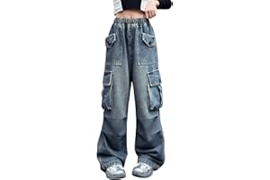 Rolanko Vaqueros Cargo para Niña, Cintura Alta Elástica Pierna Ancha Estilo Jeans Pantalones con Múltiples Bolsillos