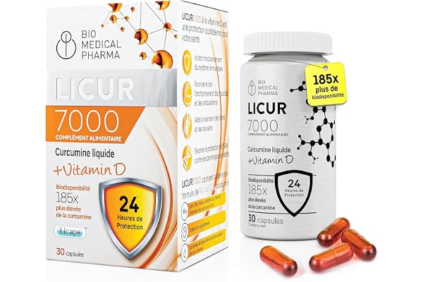Curcumine de curcuma – 185x biodisponibilité – 1 gélule par jour sans pipérine – Technologie micellaire NovaSOL – Avec vitamine D3 – Licur 7000 (30 gélules, 1 mois)