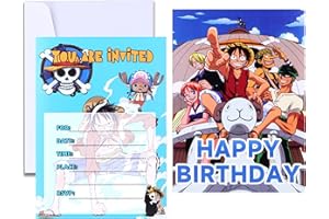 Roffatide anime One Piece carte d'invitation joyeux anniversaire fournitures 16 PCS pour fille et garçon remplir l'invitation avec une enveloppe 5x7 pouces