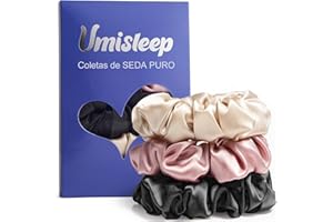 Umisleep Gomas De Pelo 22 Momme 100% Seda De Morera Coleteros Pelo Para Mujer, Scrunchies Elásticas, Suaves Y Durables -3 Pack (Rosa, Negro,Champán)