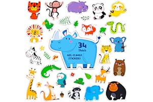 HEBAYY 34PCS Pegatinas de gel de animales salvajes, calcomanías gruesas de ventana y puerta, pegatinas removibles y reutilizables para niños, adultos y decoraciones de hogar y aula (No comestible)
