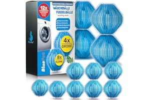 BluePet Piłki do usuwania sierści zwierząt, 12 sztuk, do pralki, usuwa sierść zwierząt, kłaczki i kłaczki, łapacz włosów do suszarki bębnowej i kulki wielokrotnego użytku I jako łapacz włosów i piłki