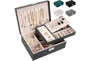 LUZOON Jewellery Box for Women, 2 Layers Jewellery Storage, Girls Jewellery Box, PU Leather, Large for Rings, Earrings, Necklaces, Grey