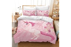 ‎HOIMLM Hoimlm Einhorn Bettwäsche,Kinder Bettwäsche Set mit Bettbezug and 2 Kissenbezug,Cartoon Einhorn mikrofaser Soft Mädchen Bettwaren, mit Reißverschluss (135 x 200cm, Style I)