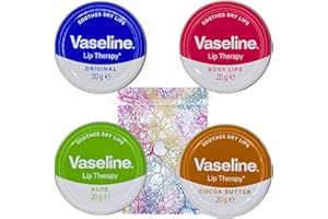 Vaseline Lip Balm 4 X 20g (Rosy Lips, Cocoa Butter, Aloe, Original) Lip Balm Set Bundle with Glameno Drawstring Organza Bag