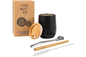Pack Calebasse Maté Bombilla Bambou [ 350ML + 2 Bombillas + Kit d'entretien + Pochette] Tasse Double Paroi Isotherme Acier avec Couvercle en Bois Naturel Ensemble à Thé Coffret Yerba Mate