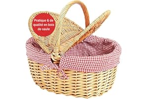 WOMA Panier en osier avec doublure rouge à carreaux blancs I Panier naturel tressé avec couvercle & anse I Panier de course osier I Panier pique-nique ou panier cadeau avec doublure tissu