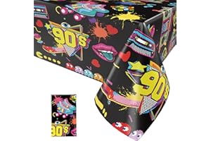Paready 1 Pack 90s Party Tablecloth, 90s Theme Tablecloths for Back to The 90’s Birthday Party, 90’s Table Cover with Recorder Skates Design for 1990s Hip Hop Throwback Party Decorations, 54" x 108"