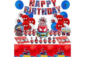 GUBOOM Spiderman Partygeschirr, 85Pcs Spiderman Geburtstagsdeko, Spiderman Party Supplies Enthält Tortenaufleger, Teller, Tasse, Tischdecke, Servietten und Pull Flag, Luftballons