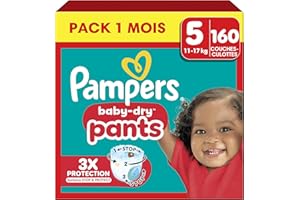 Pampers Baby-Dry Pants, Taille 5, 160 Couches-Culottes, 12-17kg, Maintien 360° Contre Les Fuites Avec Une Poche Stop & Protect Pour Une Nuit Jusqu'à 100% Sans Fuites, Pack 1 Mois