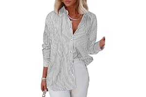 Homlan Blusa de Manga Larga para Mujer, a Rayas, Informal, Cuello en V, Camisa de Trabajo, Holgada, con Botones