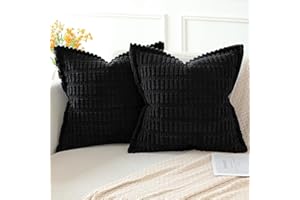 Artscope Black Cushion Covers Set of 2 Corduroy Decorative Square Striped Pillowcase with Stitched Edge Pillow Covers 40x40cm for Home Decor Sofa Bedroom Car
