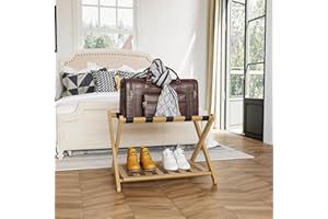 Semiocthome Fully Assembled Luggage Rack, Folding Suitcase Stand with Storage Shelf, Bamboo Wood Suitcase Rack fit Most Luggage Size for Guest Room Bedroom Hotel, Wood Color