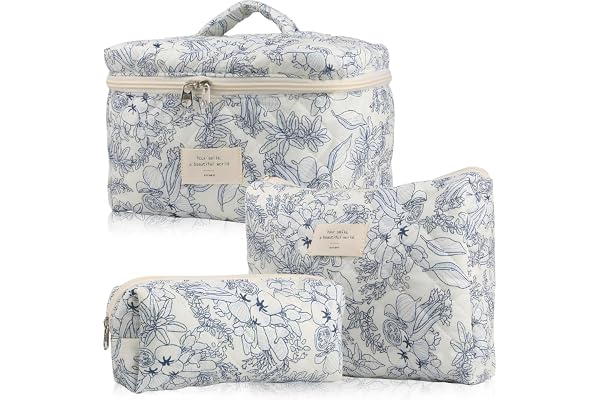 Pyuyan 3 Pièces Trousse Maquillage, Set Make Up Bag, Maquillage Grande Capacité Voyage Motif Floral, Matelassée Trousse Toilette, Trousses de Toilette Matelassées pour Femme, pour Femmes Et Filles