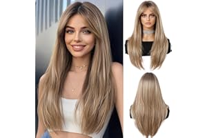 OUFEI Parrucca Bionde Ombre con per Le Donna Frangetta Parrucche Lunghe Stratificato Dritte a Strati Di Capelli Sintetici con Radici Scure per Uso Quotidiano Di Partito