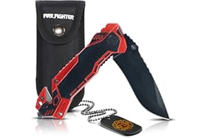 ‎KOSXBO KOSxBO Firefighter Rescue Knife EMS Rescue Knife with Glass Breaker and Belt Cutter Including Knife Bag and Dog Tag, Fire Brigade Knife Outdoor Pocket Knife Folding Knife