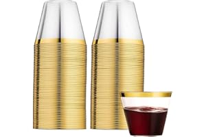 LATERN 60 Piezas Vasos de Plástico con Borde Dorado, 270ml Vasos de Plasticos Bebida Reutilizables Copas de Vino Elegantes para Fiestas para Champán Cerveza Cóctel Martini Soda (8,9 x 7,1cm)