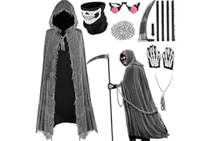 SUPERUM Sensenmann Kostüm Set - 7er - Geister Sensenmann Umhang mit Maske & Sense & Kette & Rote Brille & Handschuhe,Halloween Kostüm Kinder Jungen Grim Reaper Tod Kostüm Horror Sensenmann Mädchen