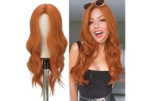 ‎FESHFEN FESHFEN Lange Lockige Wellig Orange Perücke, 55 cm Mittelscheitel Frauen Perücken Natürlich synthetische Gewellte Perücken Damen Locken Wavy Wig für Tägliches Partei