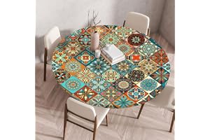 Boho bordsduk rund 80 cm, utomhus trädgårdsbord med elastiskt band | Tvättbar bordsduk mandala färger, för trädgård, balkong, köksstil 3