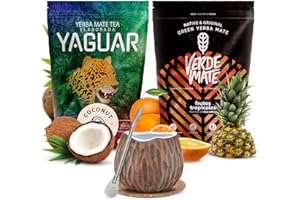 Zestaw yerba mate z tykwą | Yerba mate tropikalne smaki | Yaguar Coconut | Verde Mate Green Frutos Tropicales | Tykwa ceramiczna | Brazylijska yerba mate | Naturalna kofeina | 2x500g