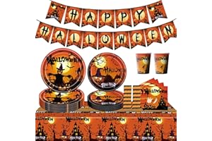 GOLDNICE Halloween Set Piatti Stoviglie, 24 Ospiti Set Halloween Feste Tavola, 122 Pezzi con Piatti Carta e Bicchieri Halloween, Tovaglioli, Striscione per Decorazione Horror Feste di Halloween Forniture