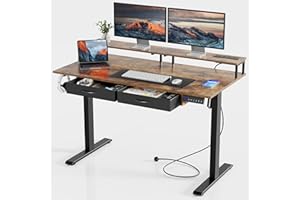 COWISH Standing Desk, Electric Height Adjustable Desk with 3 AC Outlets & 2 USB Ports, 120 * 60 cm Stand Up Desk with 2 Drawers and Large Monitor Stand, Rustic Brown