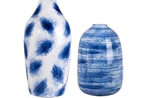 TERESA'S COLLECTIONS Zestaw 2 Ceramicznych Wazonów na Kwiaty, Niebieskie Wazony 22/18cm z Ręcznie Malowanym Efektem do Salonu, Kuchni, Stołu, Domu, Biura, Wesela