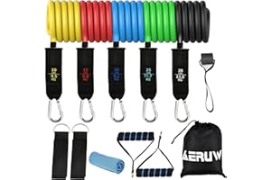 ERUW Bandas Elásticas - 12pcs Látex Conjunto Bandas de Resistencia, Elasticas de Fitness Manijas/Correa de Tobillo/Ancla de Puerta/Bolsa/Toalla Adecuado para Gimnasio en Casa Yoga