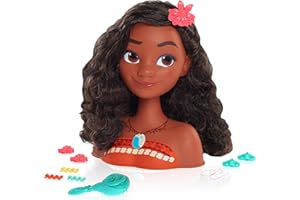 Just Play Disney Princess Moana Frisierkopf mit Zubehör, 14-teilig, schwarzes Haar, braune Augen, Kinderspielzeug ab 3+ Jahren
