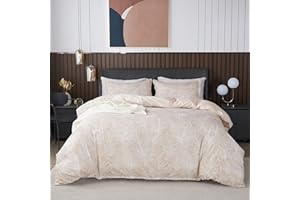 Jemiipee Set Copripiumino Matrimoniale con Motivo di Foglie Tropicali, 1 x Copripiumino 240x220 cm e 2 x Federe 50x80 cm Parure Sacco Copri Piumone Microfibra Biancheria da Letto Beige