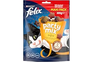 Purina Felix Party Mix Original, Snack para Gato Adulto, Premio para Gato con Pollo, Higado y Pavo, Pack de 5 Bolsas de 200g