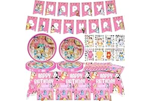 WINRIC Birthday Decorations, Bluey Party Decorations Dog Birthday Party Supplies Kids' Party Tableware Set Include Pink Birthday Banner, Plate, Napkins and Tablecloths for Kids
